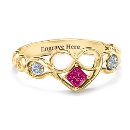 Shimmering Infinity Princess Stone Heart Ring in 14K Solid Yellow Gold with Ruby and Cubic Zirconia
