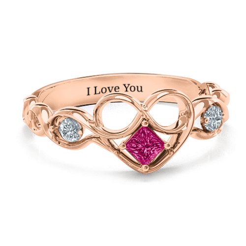 Shimmering Infinity Princess Stone Heart Ring – 10K Rose Gold with Ruby and Cubic Zirconia