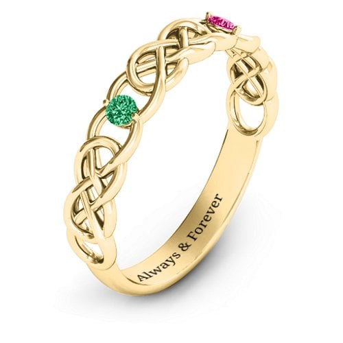 Two-Stone Interwoven Infinity Ring – 10K Yellow Gold with Emerald and Ruby