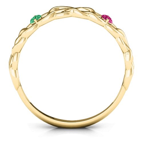 Two-Stone Interwoven Infinity Ring – 10K Yellow Gold with Emerald and Ruby