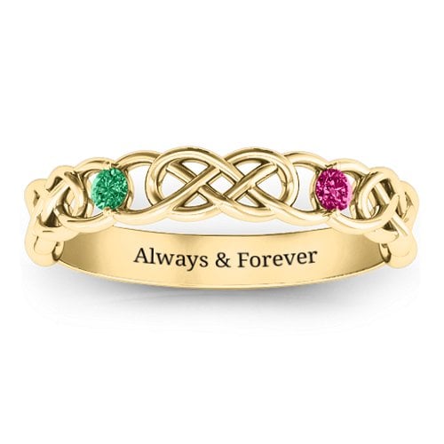 Two-Stone Interwoven Infinity Ring – 10K Yellow Gold with Emerald and Ruby