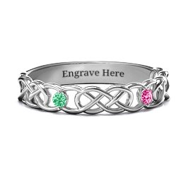 Two-Stone Interwoven Infinity Ring in 925 Sterling Silver with Emerald and Ruby
