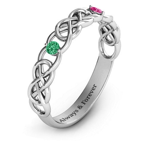 Two-Stone Interwoven Infinity Ring – Sterling Silver with Emerald and Ruby