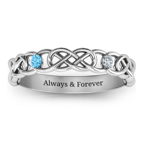 Two-Stone Interwoven Infinity Ring – Sterling Silver with Blue Topaz and Cubic Zirconia