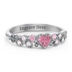 Heart Cut Gemstone Ring with Milgrain and Leaf Detailing in 925 Sterling Silver with Pink Tourmaline and Fancy Pink Premium Zirconia