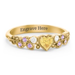 Heart Cut Gemstone Ring with Milgrain and Leaf Detailing in 14K Solid Yellow Gold with Citrine, Cubic Zirconia, and Amethyst Premium Zirconia