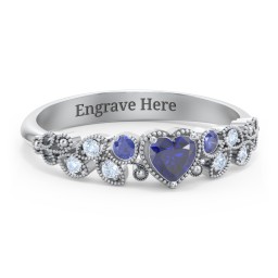 Heart Cut Gemstone Ring with Milgrain and Leaf Detailing in 925 Sterling Silver with Blue Sapphire and Fancy Blue Premium Zirconia