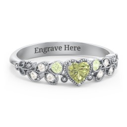 Heart Cut Gemstone Ring with Milgrain and Leaf Detailing in 925 Sterling Silver with Peridot and Fancy Yellow Premium Zirconia