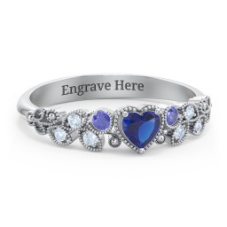 Heart Cut Gemstone Ring with Milgrain and Leaf Detailing in 925 Sterling Silver with Blue Sapphire and Fancy Blue Premium Zirconia