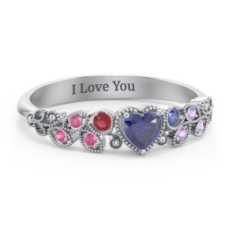 Heart Cut Gemstone Ring with Milgrain and Leaf Detailing in 925 Sterling Silver with Blue Sapphire, Garnet, Red Premium Zirconia, and Amethyst Premium Zirconia