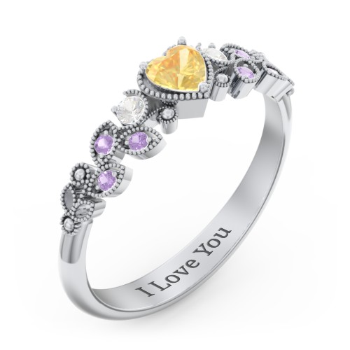 Heart Cut Gemstone Ring with Milgrain and Leaf Detailing – 10K White Gold with Citrine, Cubic Zirconia, and Amethyst Premium Zirconia