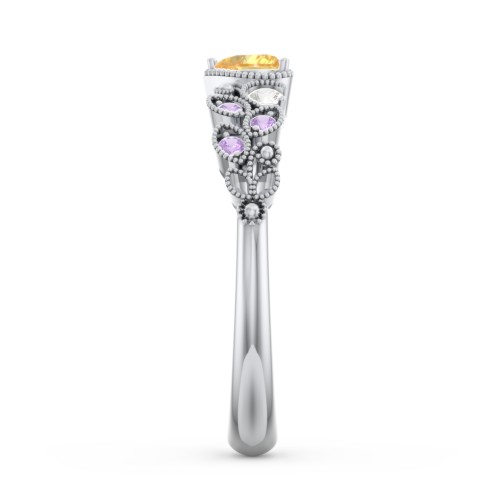 Heart Cut Gemstone Ring with Milgrain and Leaf Detailing – 10K White Gold with Citrine, Cubic Zirconia, and Amethyst Premium Zirconia