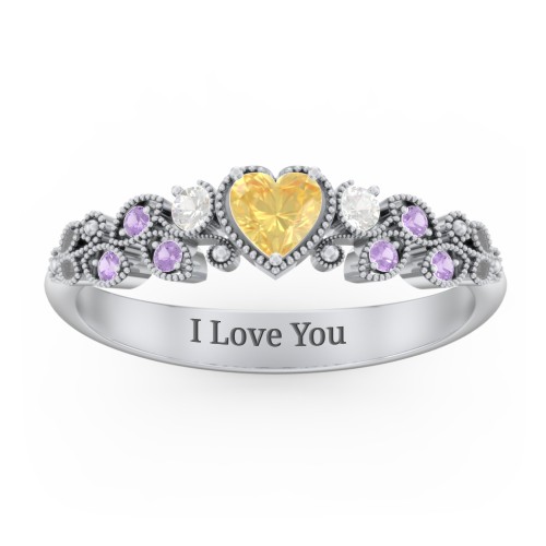 Heart Cut Gemstone Ring with Milgrain and Leaf Detailing – 10K White Gold with Citrine, Cubic Zirconia, and Amethyst Premium Zirconia