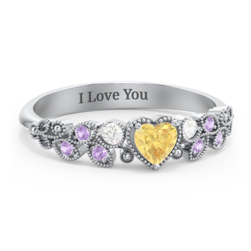 Heart Cut Gemstone Ring with Milgrain and Leaf Detailing – 10K White Gold with Citrine, Cubic Zirconia, and Amethyst Premium Zirconia