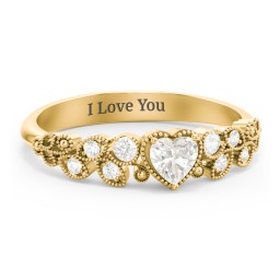 Heart Cut Gemstone Ring with Milgrain and Leaf Detailing in 10K Solid Yellow Gold with Cubic Zirconia and White Premium Zirconia