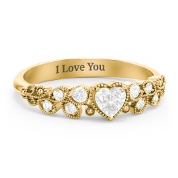 Heart Cut Gemstone Ring with Milgrain and Leaf Detailing in 10K Solid Yellow Gold with Diamond, Cubic Zirconia, and White Premium Zirconia