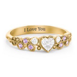 Heart Cut Gemstone Ring with Milgrain and Leaf Detailing in 10K Solid Yellow Gold with Diamond, Cubic Zirconia, and Amethyst Premium Zirconia