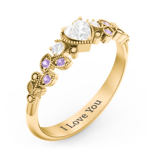Heart Cut Gemstone Ring with Milgrain and Leaf Detailing – 10K Yellow Gold with Diamond, Cubic Zirconia, and Amethyst Premium Zirconia