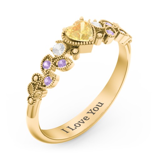 Heart Cut Gemstone Ring with Milgrain and Leaf Detailing – 10K Yellow Gold with Citrine, Cubic Zirconia, and Amethyst Premium Zirconia