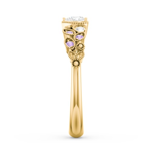 Heart Cut Gemstone Ring with Milgrain and Leaf Detailing – 10K Yellow Gold with Diamond, Cubic Zirconia, and Amethyst Premium Zirconia