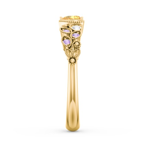 Heart Cut Gemstone Ring with Milgrain and Leaf Detailing – 10K Yellow Gold with Citrine, Cubic Zirconia, and Amethyst Premium Zirconia