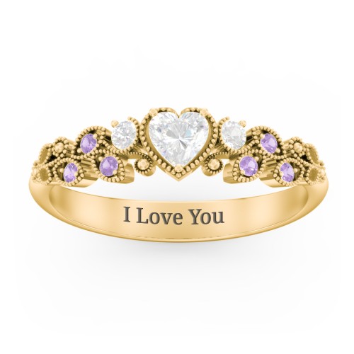 Heart Cut Gemstone Ring with Milgrain and Leaf Detailing – 10K Yellow Gold with Diamond, Cubic Zirconia, and Amethyst Premium Zirconia