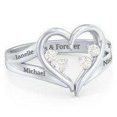 Engravable Split Shank Heart Ring with Gemstones – Sterling Silver with Cubic Zirconia