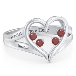 Engravable Split Shank Heart Ring with Gemstones in 925 Sterling Silver with Garnet