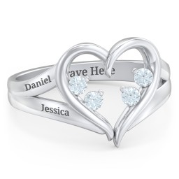 Engravable Split Shank Heart Ring with Gemstones in 925 Sterling Silver with Aquamarine