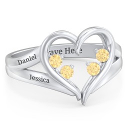 Engravable Split Shank Heart Ring with Gemstones in 925 Sterling Silver with Citrine
