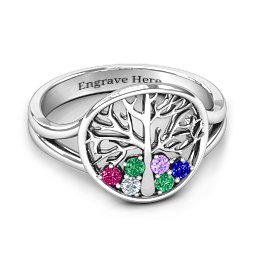 Always Around Love 6 Stone Family Tree Ring in 925 Sterling Silver with Emerald, Ruby, Cubic Zirconia, Amethyst, and Blue Sapphire
