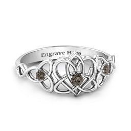 Triple Trinity Celtic Heart Ring in 925 Sterling Silver with Smokey Quartz