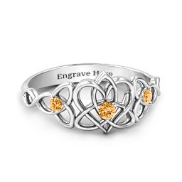 Triple Trinity Celtic Heart Ring in 925 Sterling Silver with Citrine