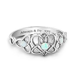 Triple Trinity Celtic Heart Ring in 925 Sterling Silver with Opal