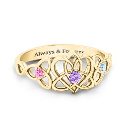 Triple Trinity Celtic Heart Ring in 10K Solid Yellow Gold with Amethyst, Pink Tourmaline, and Aquamarine