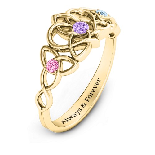 Triple Trinity Celtic Heart Ring – 10K Yellow Gold with Amethyst, Pink Tourmaline, and Aquamarine