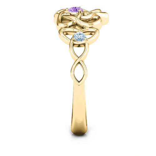 Triple Trinity Celtic Heart Ring – 10K Yellow Gold with Amethyst, Pink Tourmaline, and Aquamarine