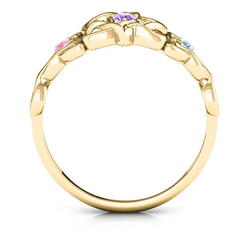 Triple Trinity Celtic Heart Ring – 10K Yellow Gold with Amethyst, Pink Tourmaline, and Aquamarine