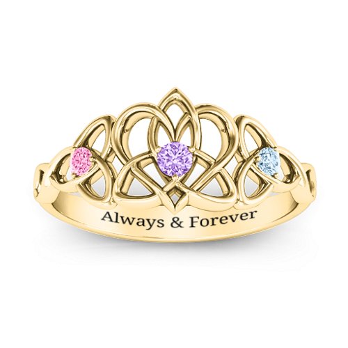 Triple Trinity Celtic Heart Ring – 10K Yellow Gold with Amethyst, Pink Tourmaline, and Aquamarine