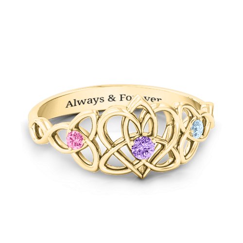 Triple Trinity Celtic Heart Ring – 10K Yellow Gold with Amethyst, Pink Tourmaline, and Aquamarine