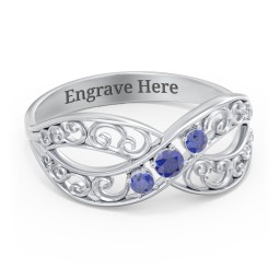 3 Stone Filigree Infinity Ring in 925 Sterling Silver with Blue Sapphire