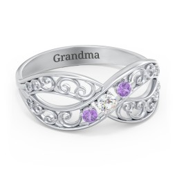 3 Stone Filigree Infinity Ring in 925 Sterling Silver with Cubic Zirconia and Amethyst