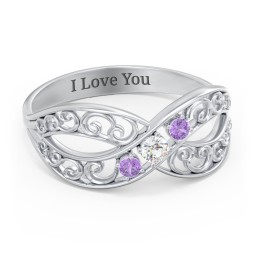 3 Stone Filigree Infinity Ring in 925 Sterling Silver with Cubic Zirconia and Amethyst