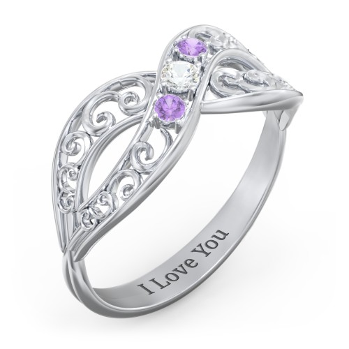 3 Stone Filigree Infinity Ring – Sterling Silver with Cubic Zirconia and Amethyst