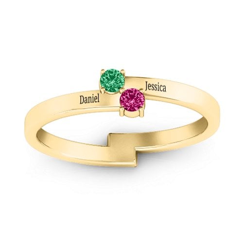 Diagonal Dazzle Ring With 2-3 Gemstones – 10K Yellow Gold with Emerald and Ruby