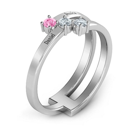 Diagonal Dazzle Ring With 2-3 Gemstones – Sterling Silver with Pink Tourmaline and Cubic Zirconia