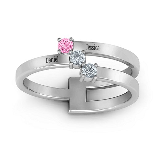 Diagonal Dazzle Ring With 2-3 Gemstones – Sterling Silver with Pink Tourmaline and Cubic Zirconia
