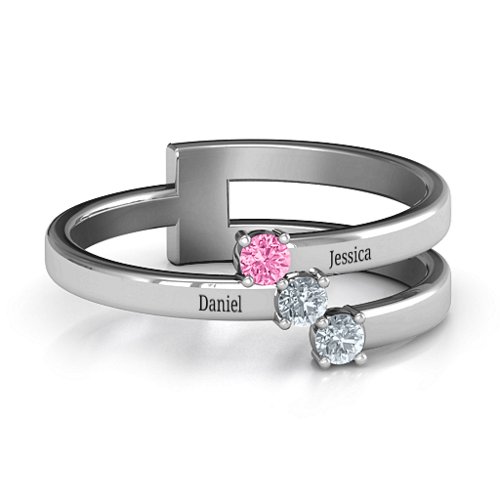 Diagonal Dazzle Ring With 2-3 Gemstones – Sterling Silver with Pink Tourmaline and Cubic Zirconia