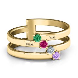 Diagonal Dazzle Ring With 4-5 Gemstones in 10K Solid Yellow Gold with Emerald, Ruby, Cubic Zirconia, and Amethyst