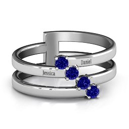 Diagonal Dazzle Ring With 4-5 Gemstones in 925 Sterling Silver with Blue Sapphire and Ruby